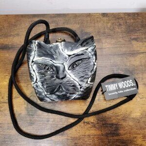 NWT Timmy Woods Black Cat Acacia Wood Purse